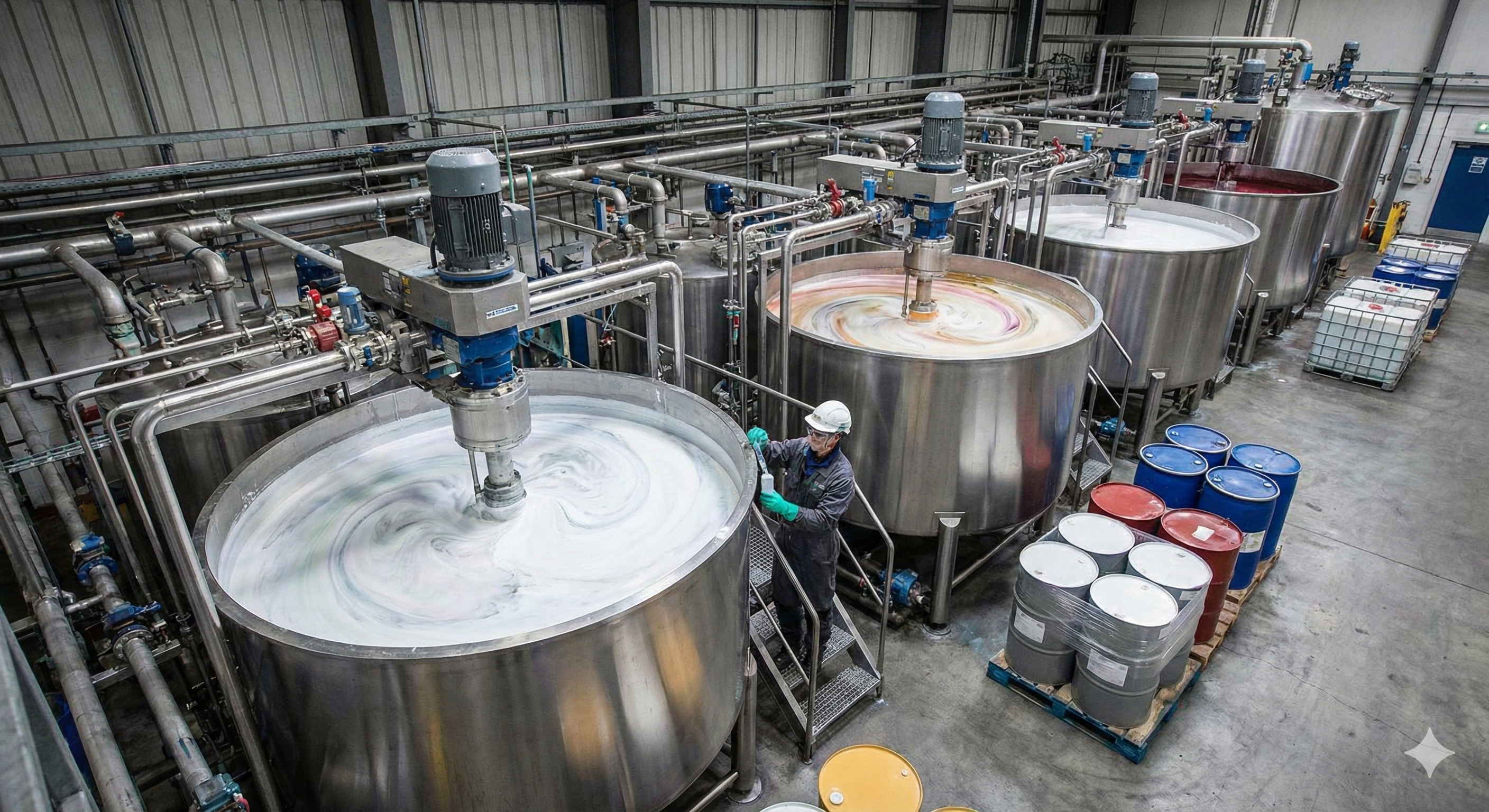 Paint manufacturing process with industrial mixing tanks