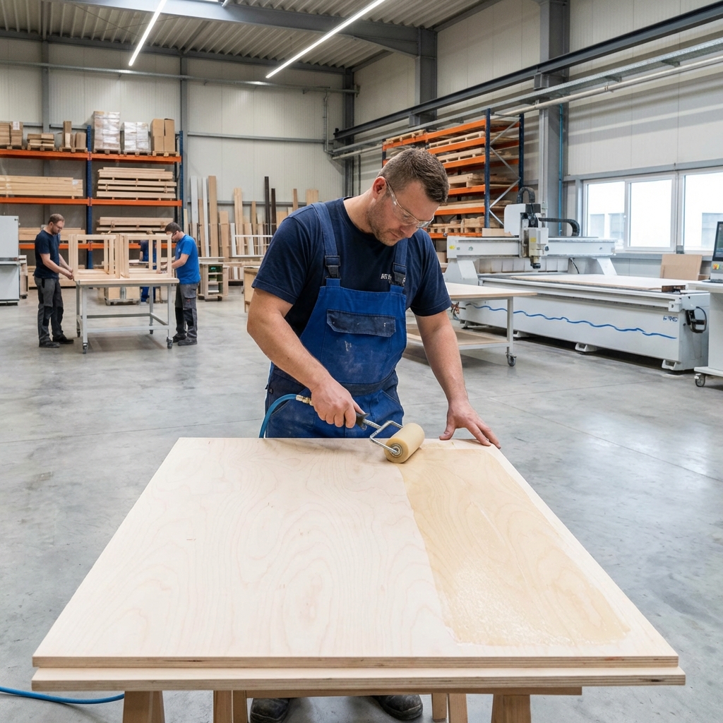 Wood furniture manufacturing with adhesive application